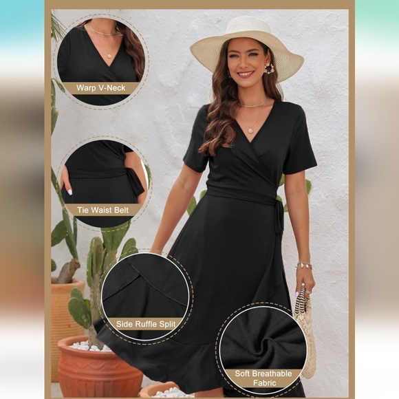 NWT Women's Large V-neck Wrap Dress short sleeve tie waist midi flowy dress - Picture 5 of 12